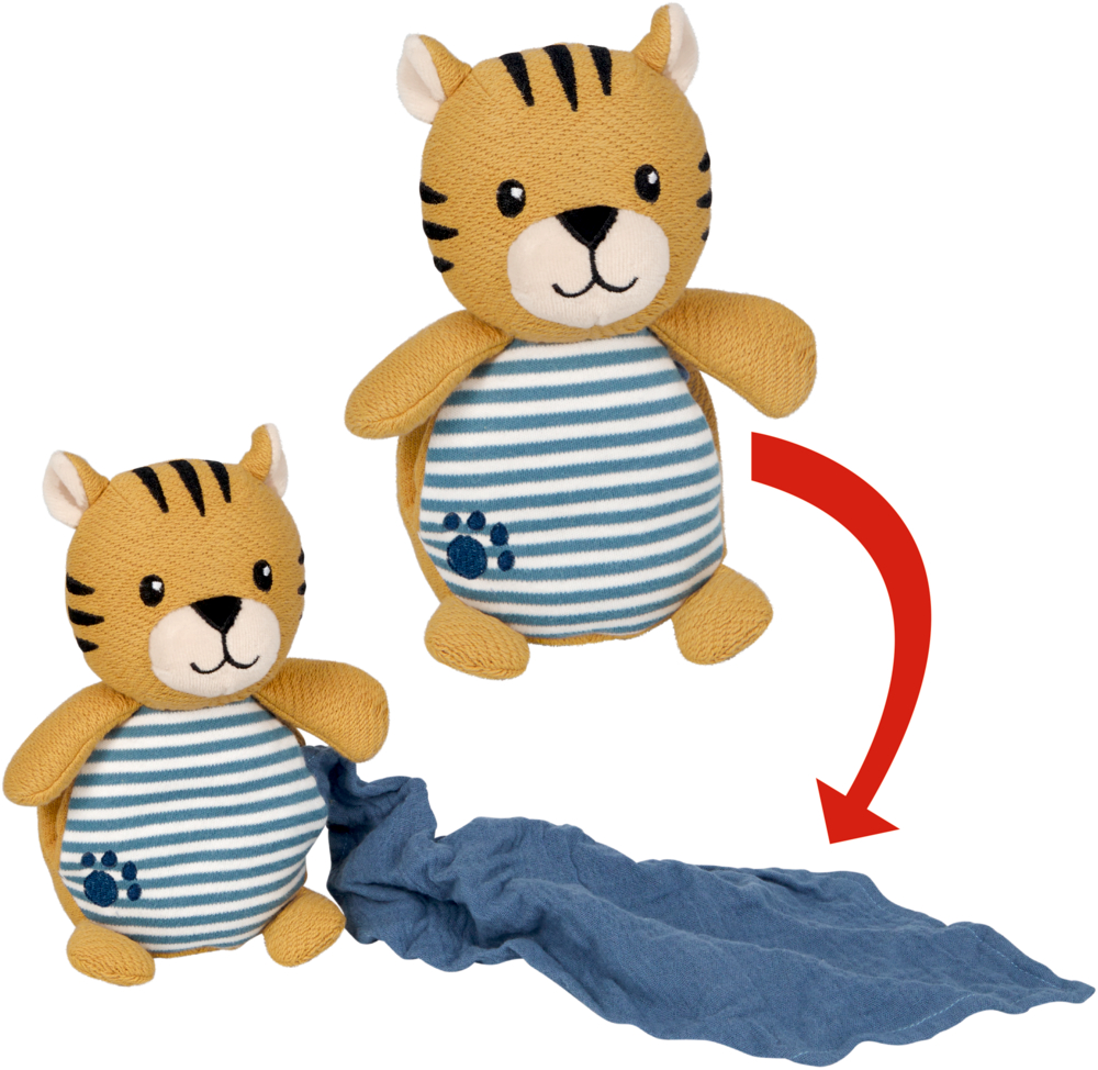 Ein Plüschtiger mit blau gestreiftem Bauch verbirgt eine blaue Decke in seinem Körper.