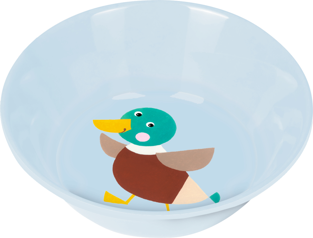 Schale Ente - Freche Rasselbande Hellblaue Schüssel mit der Illustration einer lächelnden laufenden Ente auf der Innenseite des Bodens.
