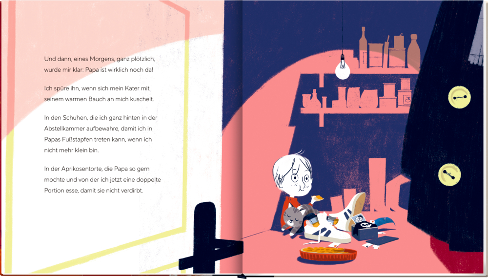 Ein verängstigtes Kind mit einer Katze versteckt sich im Schrank, Links ist r Text auf der Seite.