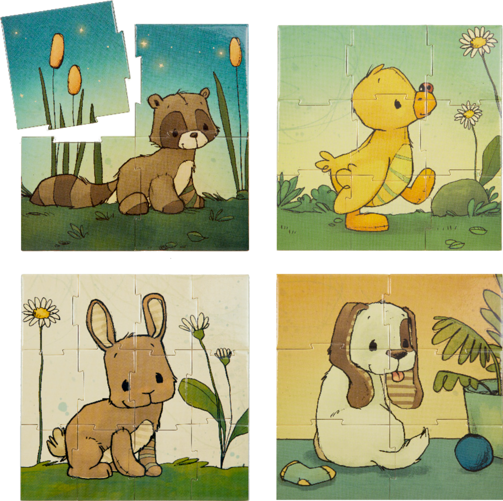Vier Tierpuzzles – Waschbär, Ente, Hase, Hund – jeweils mit fehlenden oder falsch platzierten Teilen.