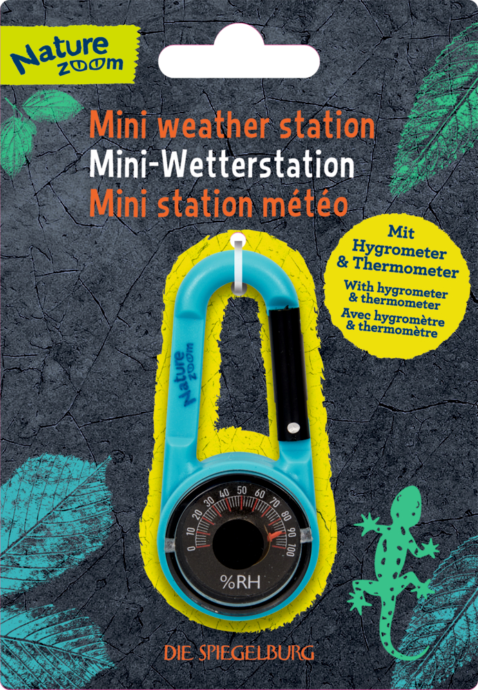 Mini-Wetterstation - Nature Zoom Blaue Mini-Wetterstation von Nature Zoom mit Thermometer und Hygrometer, Eidechsengrafik auf der Verpackung.