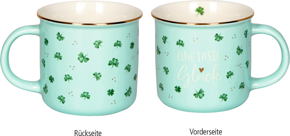 Vorder- und Rückseite einer hellblauen Tasse mit kleinen grünen Kleeblättern.