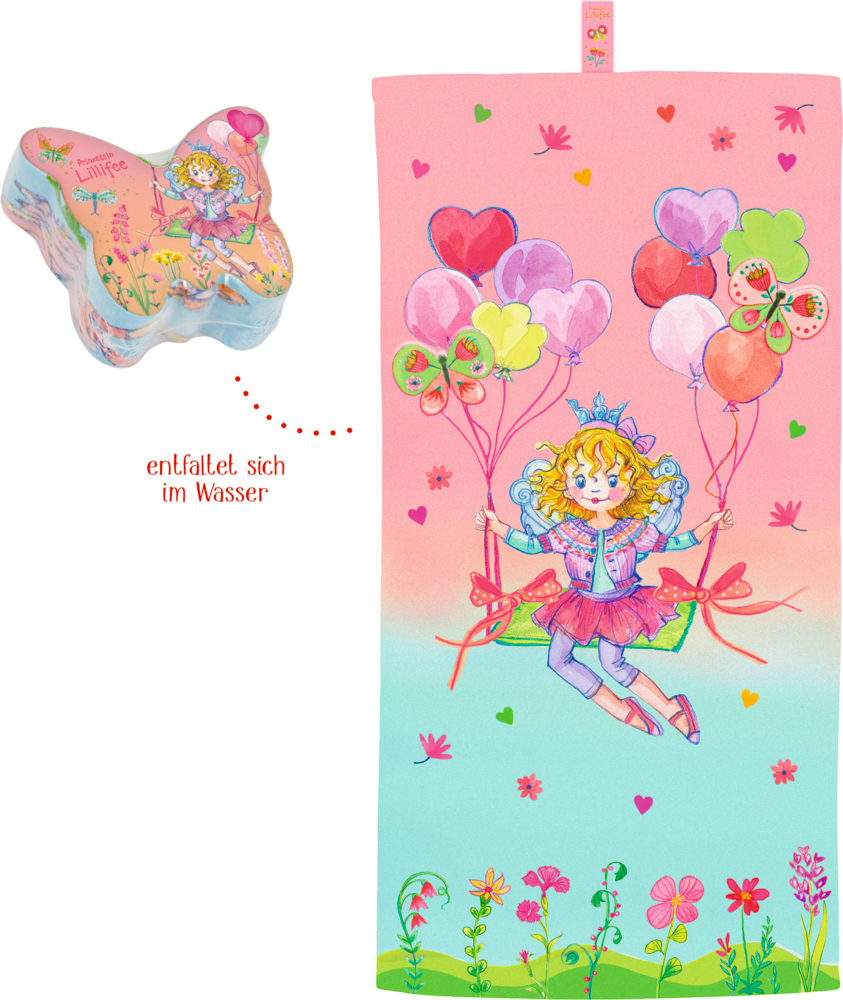 Rosa und blaues Handtuch mit einem Feenmädchen mit Luftballons, Blumen und Schmetterlingen.