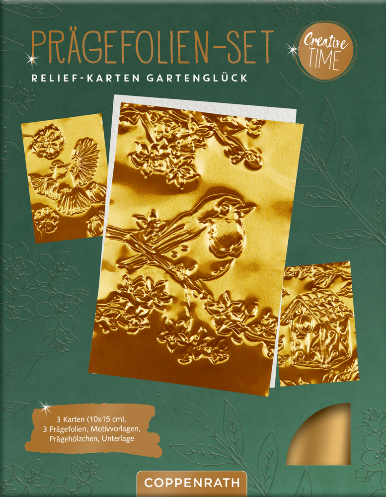 Goldfolien-Prägeset mit Vogel und Blumenrelief auf grüner Verpackung.