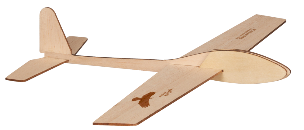 Bausatz Segelflieger - Nature Zoom Ein Segelflugzeugmodell aus Holz mit flachem Rumpf und Flügeln, von der Seite gesehen.