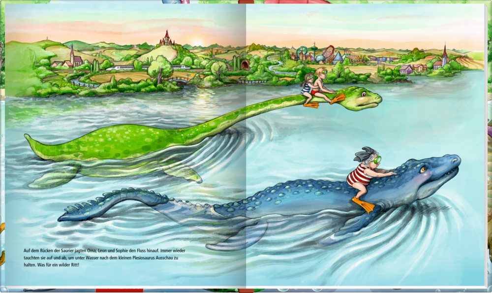 Zwei Kinder reiten auf sanften Wasserdinosauriern über einen Fluss, im Hintergrund sind ein Dorf und Felder zu sehen.