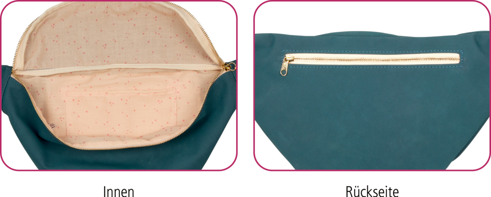 Links: Beigefarbenes Innenfach mit kleiner Tasche. Rechts: Rückseite von blaugrüner Gürteltasche mit Reißverschlussfach.