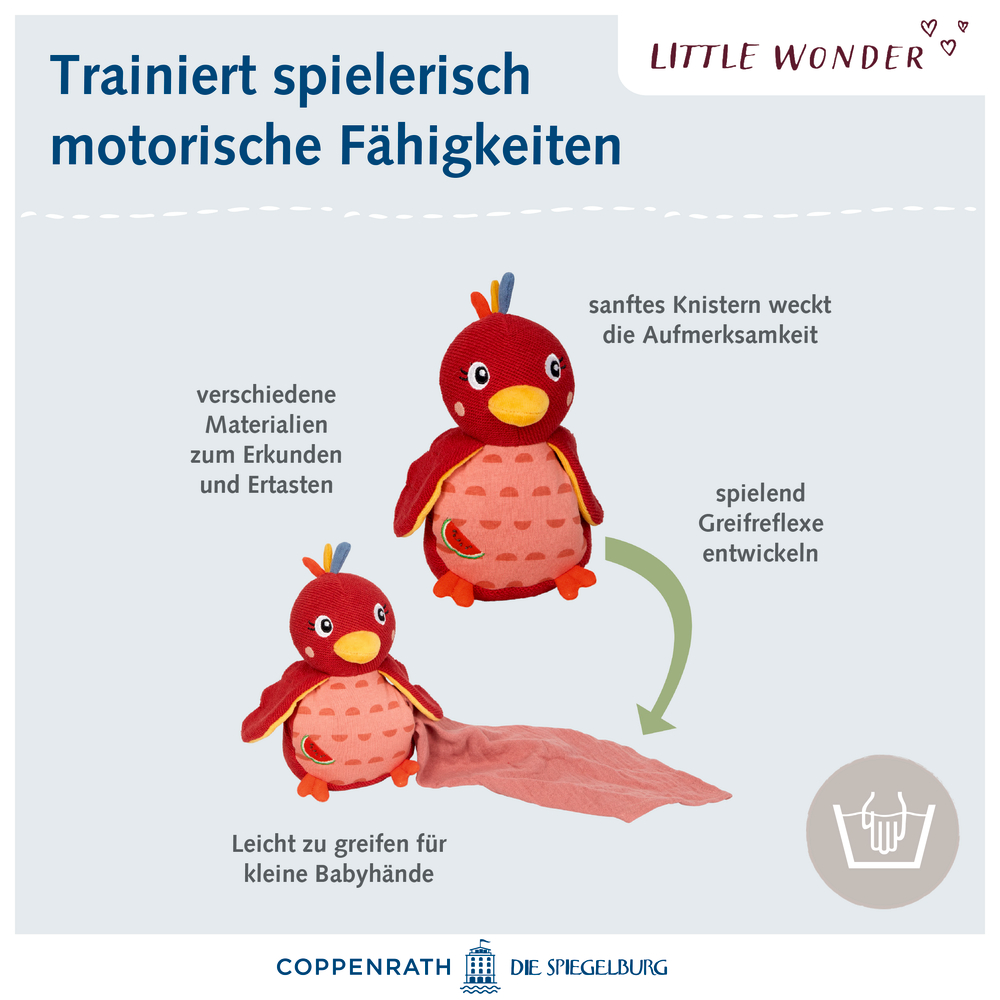 Plüschvogel-Spielzeug mit Greif-, Tast- und Knisterelementen zur Förderung der Motorik bei Babys.