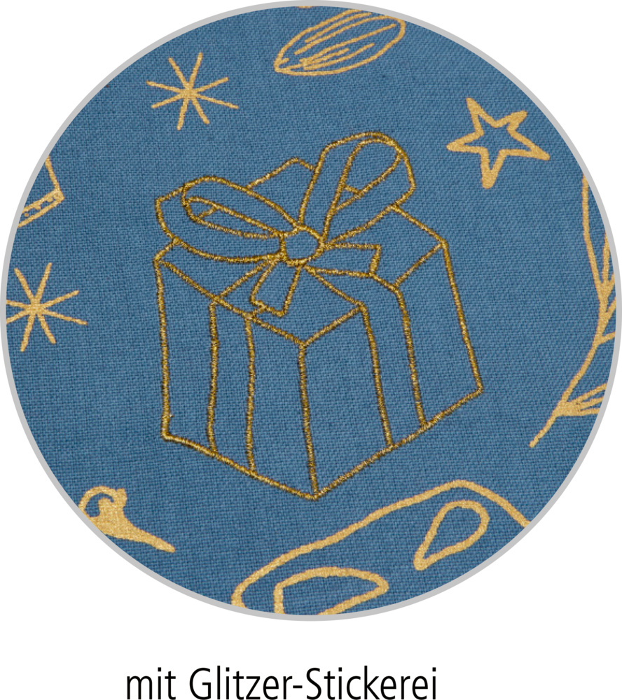 Geschenk und Sterne mit goldenem Glitzer gestickt auf blauen Stoff, dargestellt in einem runden Rahmen.