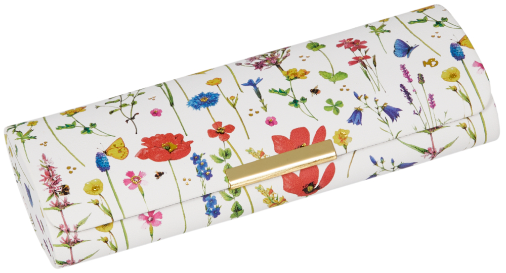 Brillenetui mit Putztuch "Wildblumen" GartenLiebe (Bastin) Weißes rechteckige Etui mit buntem Blumen- und Schmetterlingsdruck, versehen mit einem goldenen Verschluss.