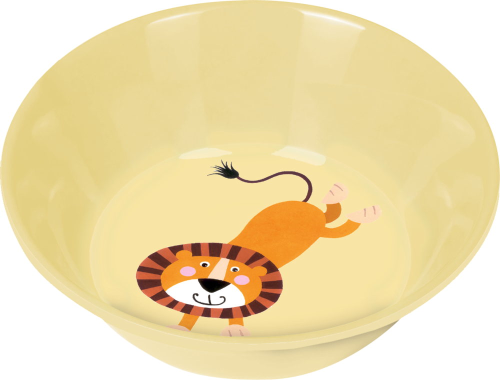 Schale Löwe - Freche Rasselbande Gelbe Schüssel mit einer niedlichen Cartoon-Löwenillustration am Boden.