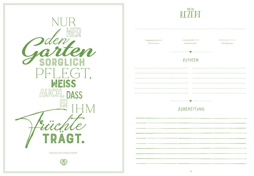 Grünes und weißes Rezeptformular mit Garten-Sprichwort, Bereichen für Zutaten und Anleitung.