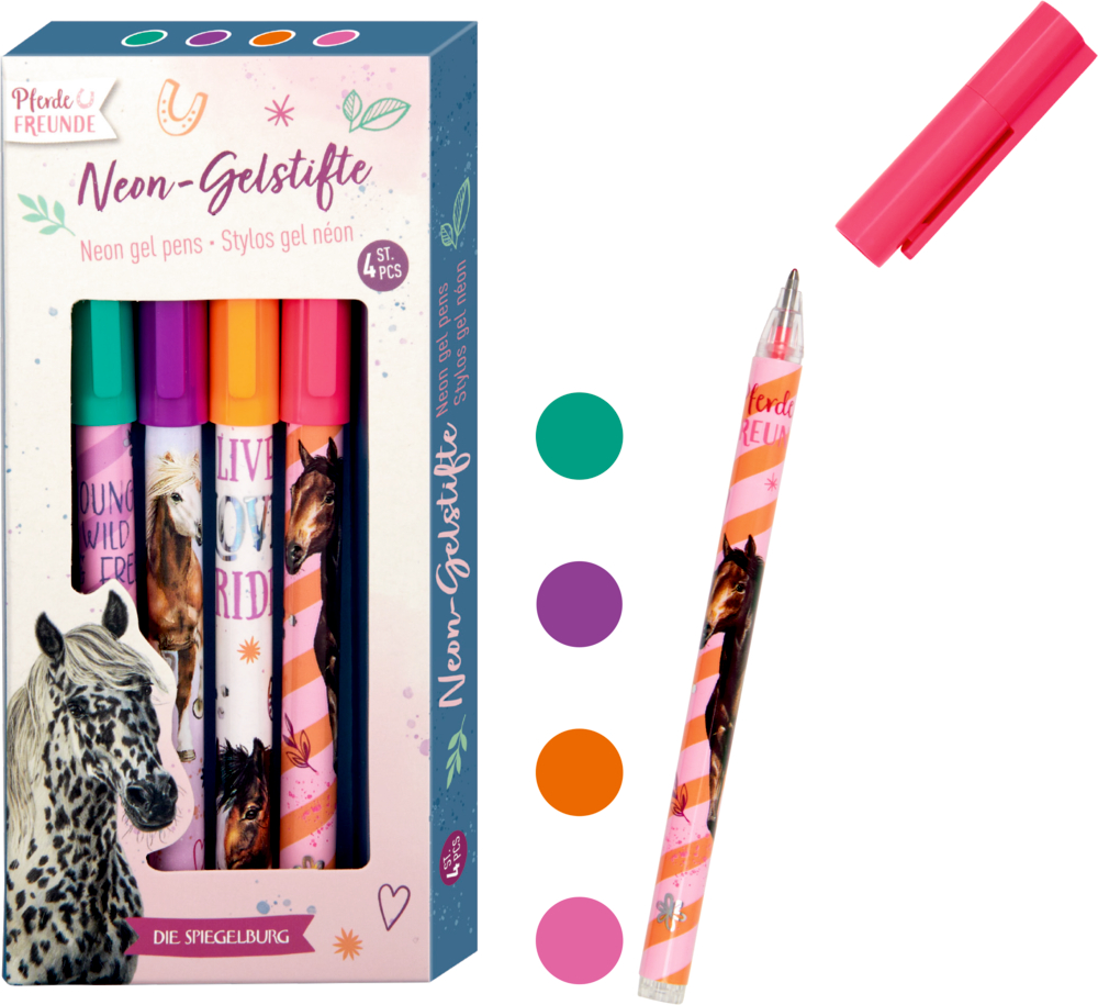 Set mit vier Neon-Gelstiften mit Pferdemotiven in rosa Verpackung; ein rosa Stift wird separat ohne Kappe ausgestellt.