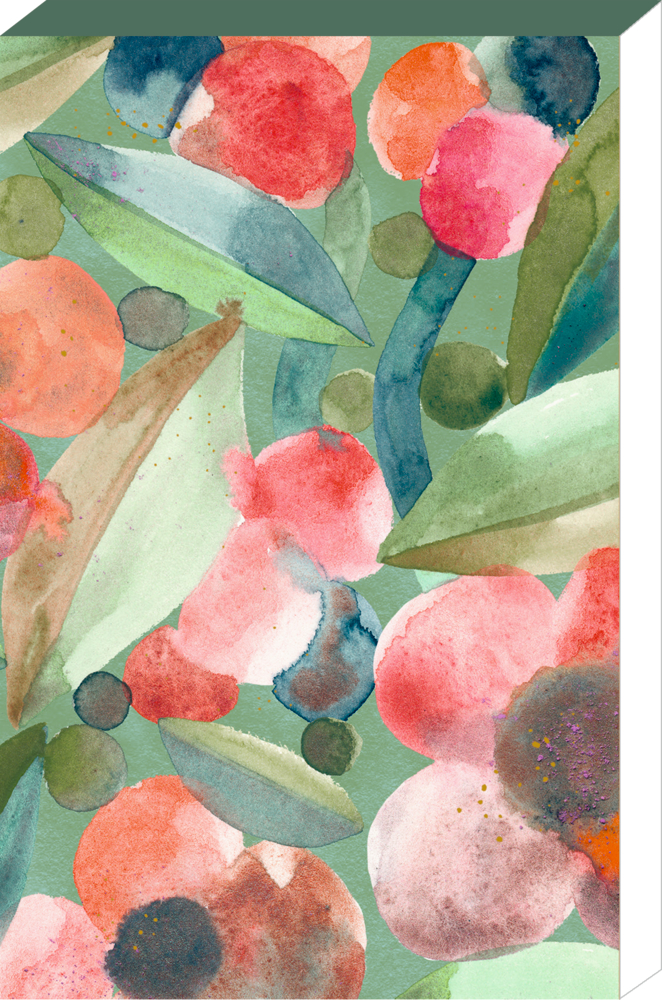 Aquarell aus rot-orangen Blüten mit grünen Blättern auf blaugrünem Hintergrund.