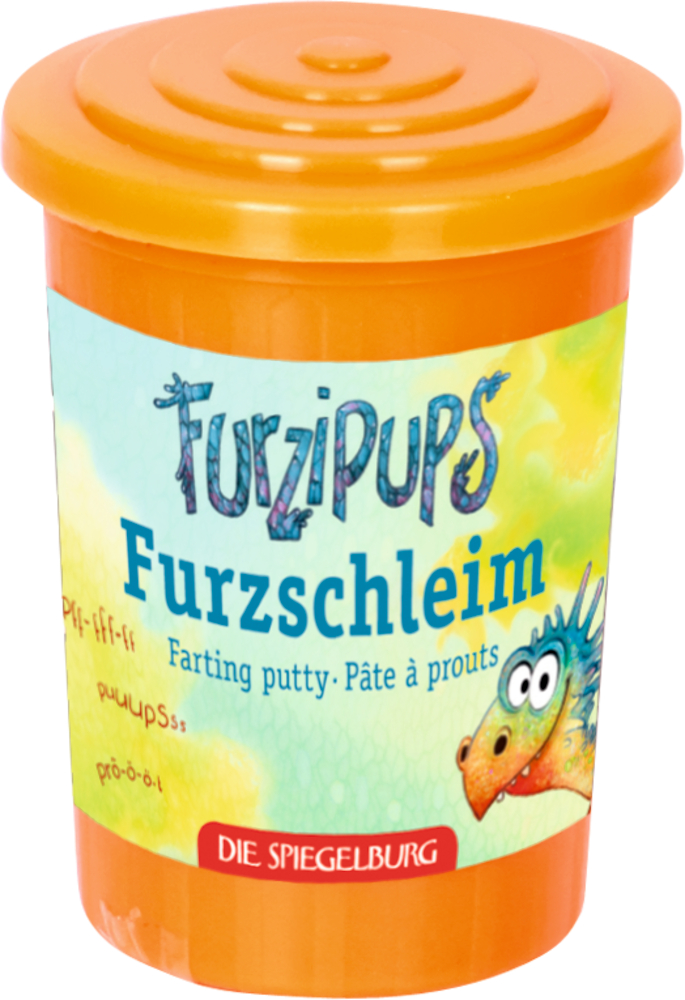 Furzschleim Furzipups Orangefarbener Furzschleim-Behälter mit buntem Text und einem Cartoon-Drachen-Design.