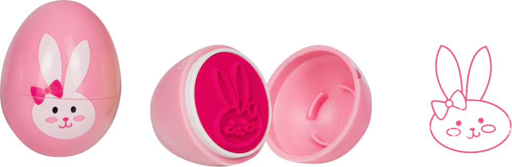 Rosa, eiförmiger Stempel mit weißem Hasengesicht; Abdruck zeigt Hasengesicht als rosa Umriss.