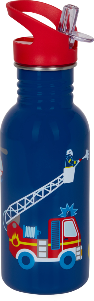Edelstahltrinkflasche Feuerwehr (Wenn ich mal groß bin) (ca. 0,5 l)  Blaue Wasserflasche mit rotem Deckel, mit der Grafik eines Feuerwehrautos und eines Feuerwehrmanns.