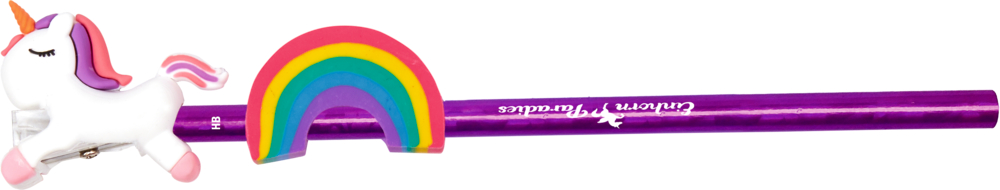 Lila Bleistift mit einer Einhornfigur an einem Ende und einem regenbogenförmigen Radiergummi in der Mitte.