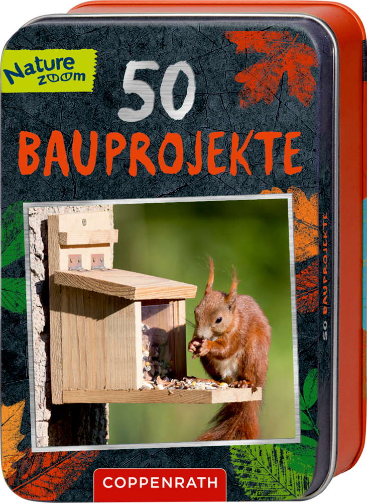 50 Bauprojekte - Nature Zoom (Blechdose) Blechdose mit der Aufschrift „50 Bauprojekte“ und dem Foto eines Eichhörnchens, das an einem hölzernen Futterhäuschen frisst.