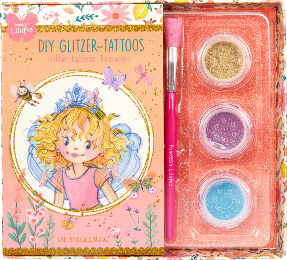 DIY Glitzer-Tattoos - Prinzessin Lillifee Pinsel und drei Glitzerfarbdosen erscheinen im Sichtbereich einer rosa farbenen Pappschachtel mit Prinzessinnenmotiv.