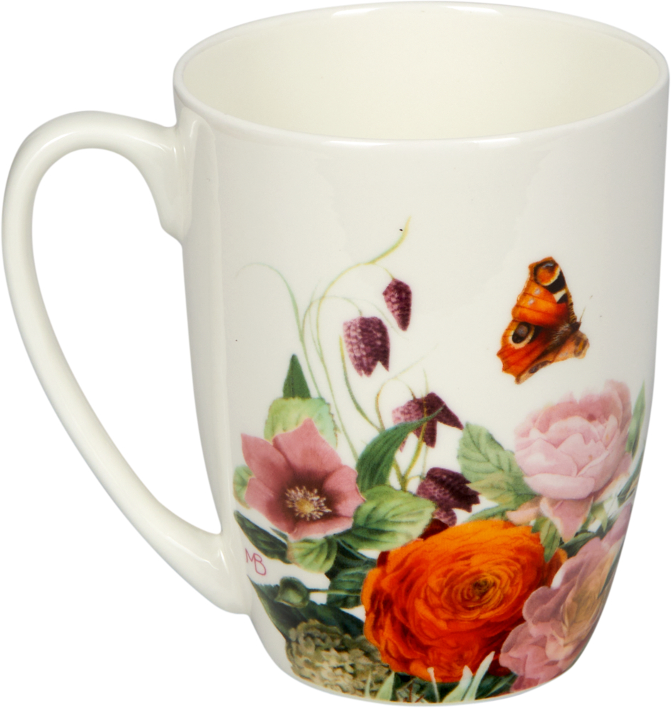 Weiße Porzellantasse mit farbenfrohen Blumenmustern und einer Schmetterlingsillustration neben den Blumen.