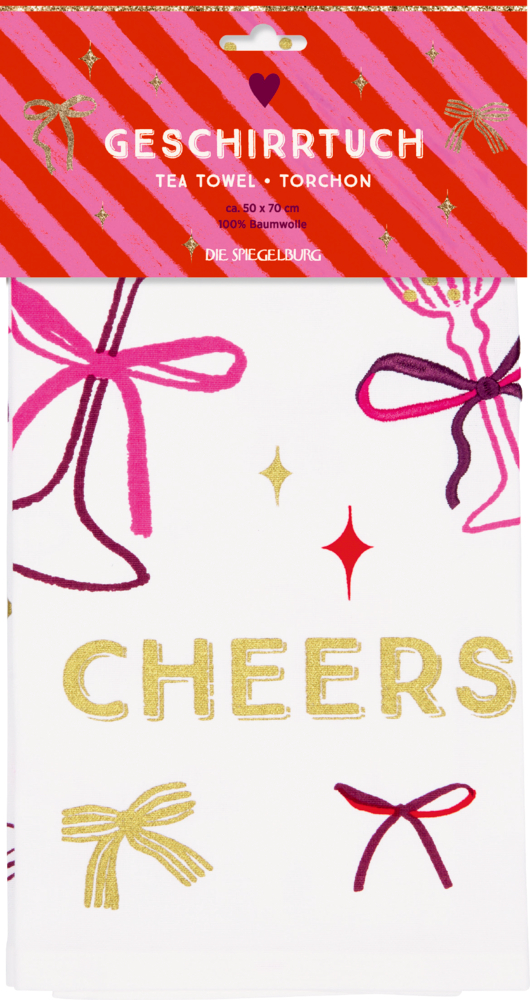 Verpacktes weißes Geschirrtuch mit goldener Aufschrift „CHEERS“, goldenen Sternen und Schleifen in Pink, Rot und Lila.