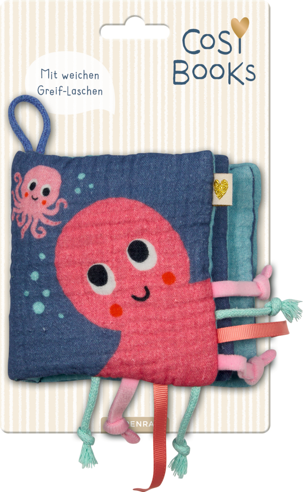 Weiches Babybuch mit lächelndem pinkem Oktopus, Stofftentakeln und Text auf der Verpackung.