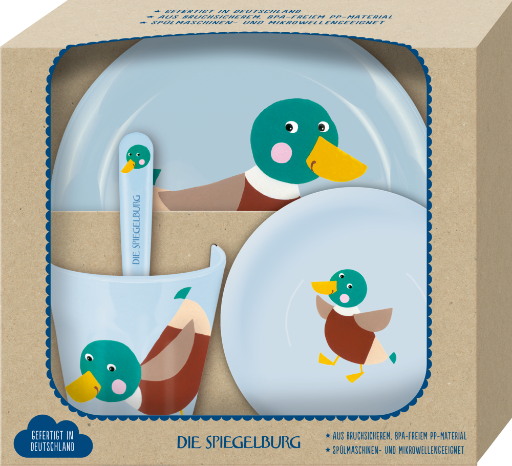 Geschirr Geschenkset Ente - Freche Rasselbande Kindergeschirrset mit fröhlichen Cartoon-Enten-Motiven – bestehend aus Teller, Schüssel, Becher und Löffel.
