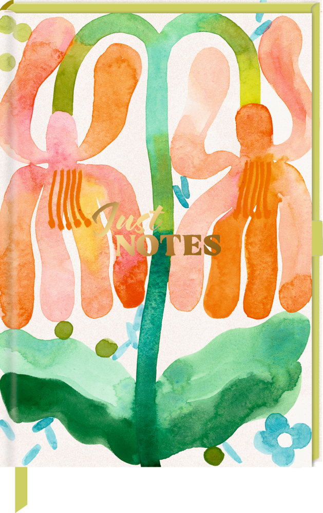 Aquarell von zwei orangefarbenen Blumen mit grünen Stielen und Blättern, dazu JUST NOTES Schriftzug in Gold.