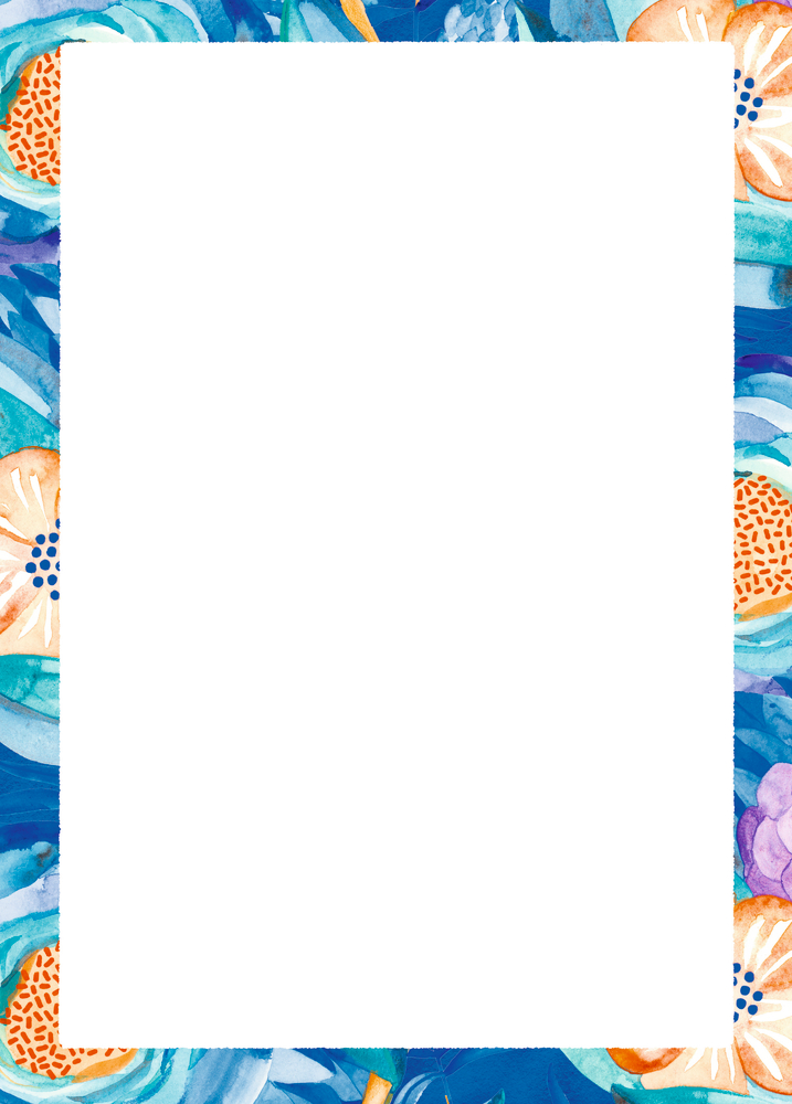 Weißes Rechteck, auf allen Seiten von leuchtend blauen, orangefarbenen und violetten Aquarellblumen eingerahmt.