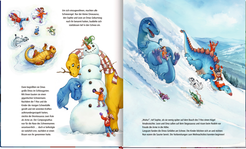Kinder und Dinosaurier backen gemeinsam Kekse in einer gemütlichen Küche und einem Garten mit einem Steinofen.
