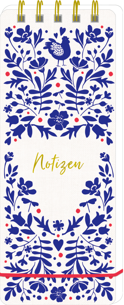 Blaues florales Muster und Vogel auf einem Notizblock. In der Mitte steht Notizen in gelber Schreibschrift.