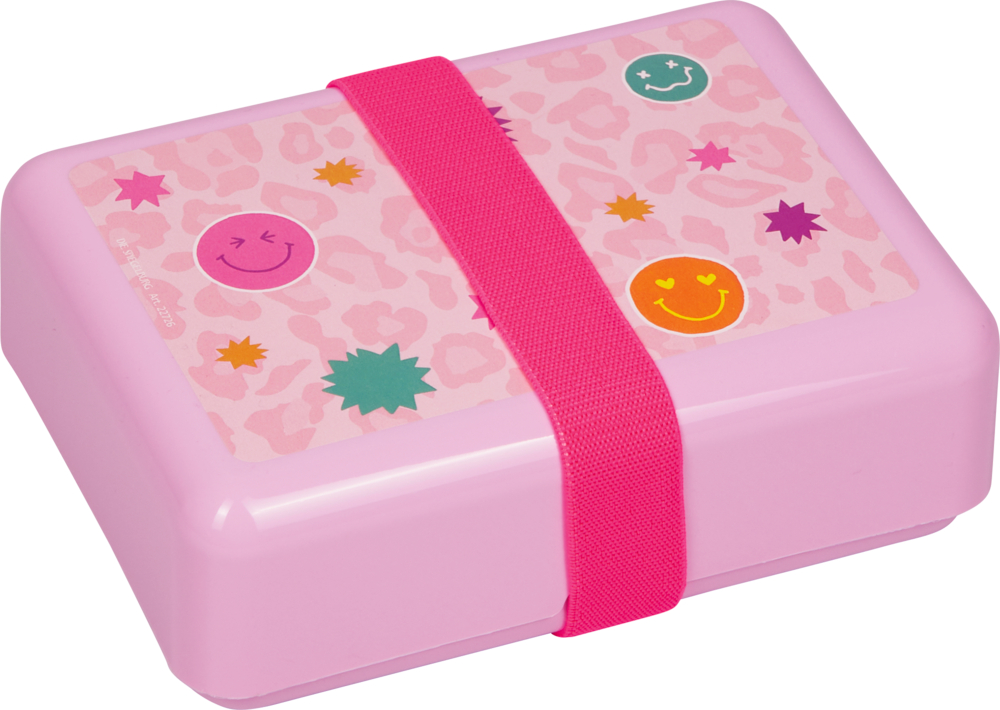 Rosafarbene Lunchbox mit breitem pinkfarbenen Gummiband, bunten Smileys und Sternmotiven auf dem Deckel.