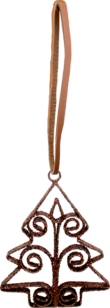 Weihnachtsbaum aus Metall mit Spiralmuster, hängt an einer braunen Lederschlaufe.