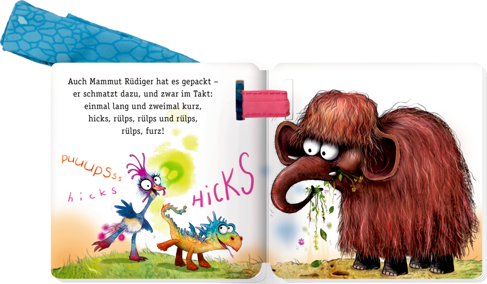 Ein Drach, ein Huhn und ein pelziges Mammut mit Gras, verspieltem Text und lustigen Lautwörtern, auf einer Doppelseite.