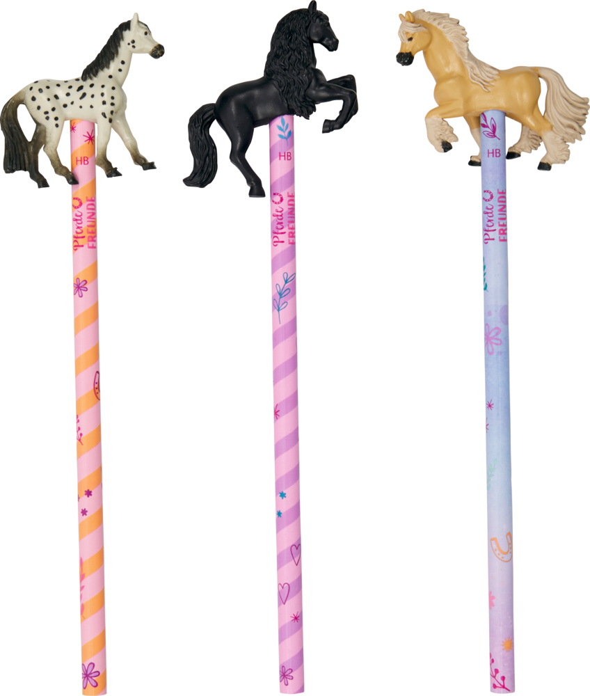 Drei Bleistifte mit Pferdeaufsätzen: eins gescheckt, eins schwarz, eins hellbraun auf bunten Schäften.