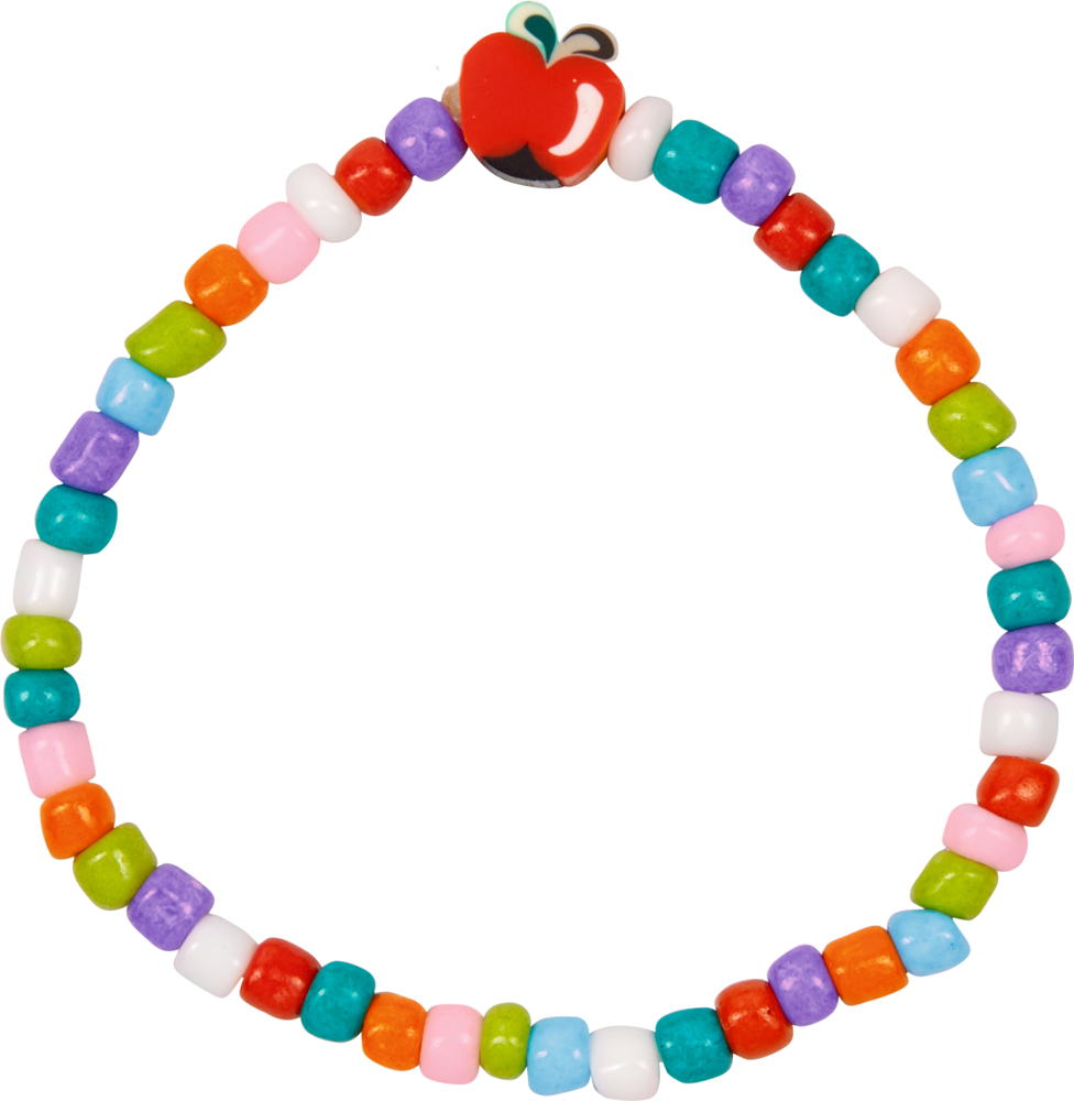 Buntes Perlenarmband mit einer apfelförmigen Perle an der Spitze.