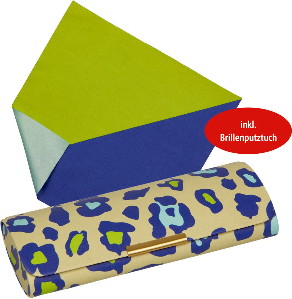 Brillenetui mit blau-gelbem Animalprint, grün-blaues Brillenputztuch.