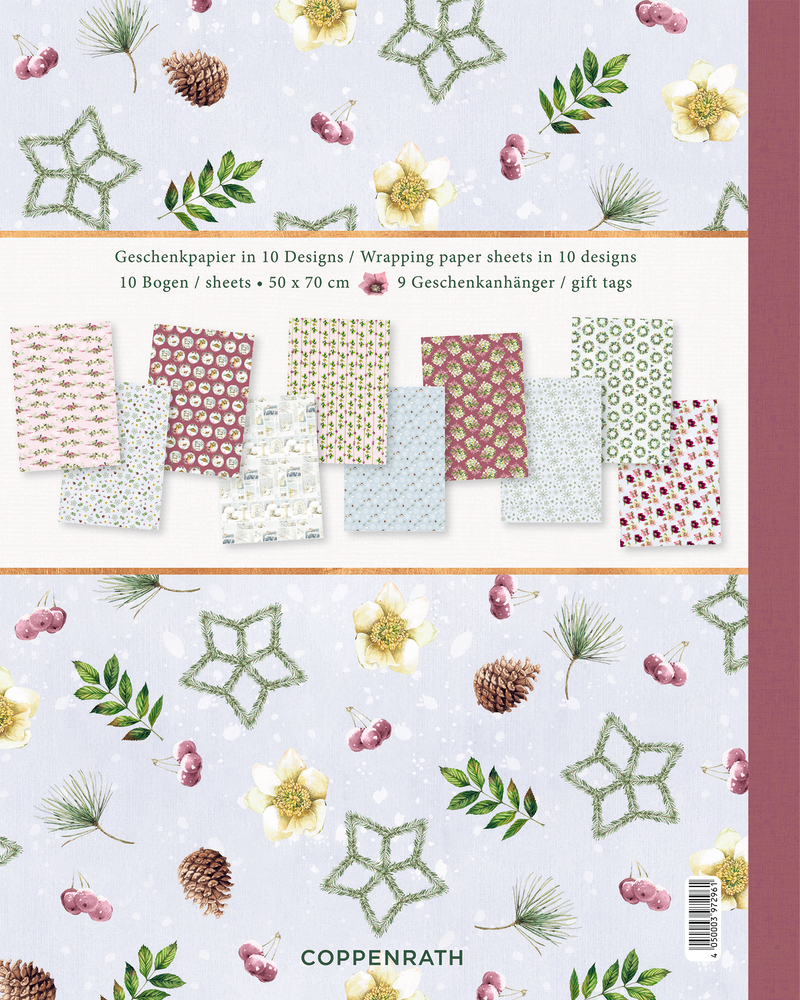 Set aus 10 Geschenkpapierbögen mit weihnachtlichen Mustern wie Tannenzweigen, Zapfen, Blättern und Blüten.