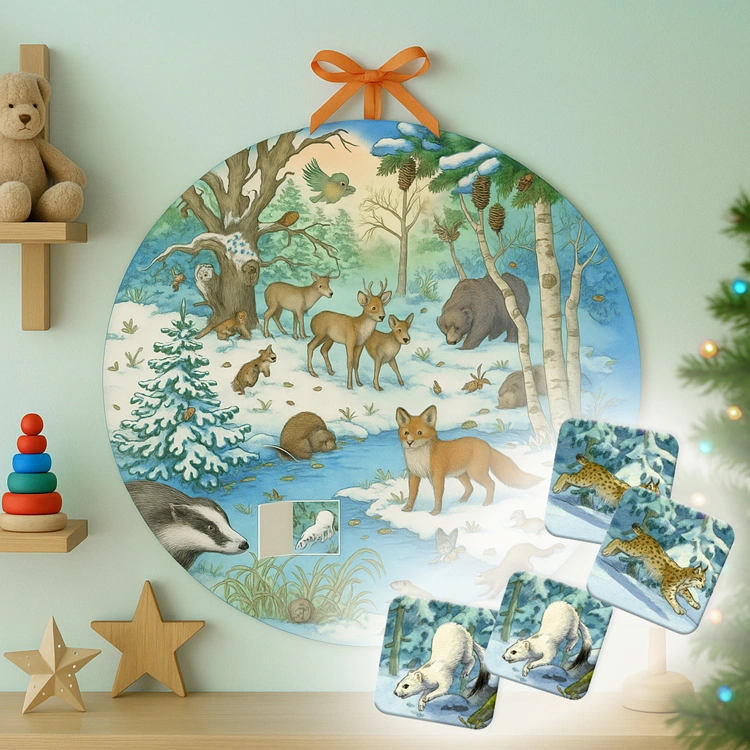 Runder Tier-Adventskalender an einer Kinderzimmerwand. Im Vordergrund sind Paare eines Memo-spiels zu sehen.