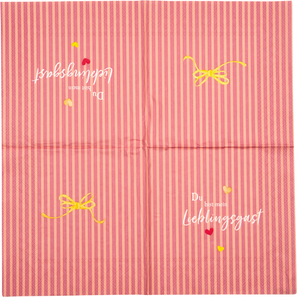 Rosa gestreifte Serviette mit gelben Schleifen, Text Du bist mein Lieblingsgast und kleinen Herzen.