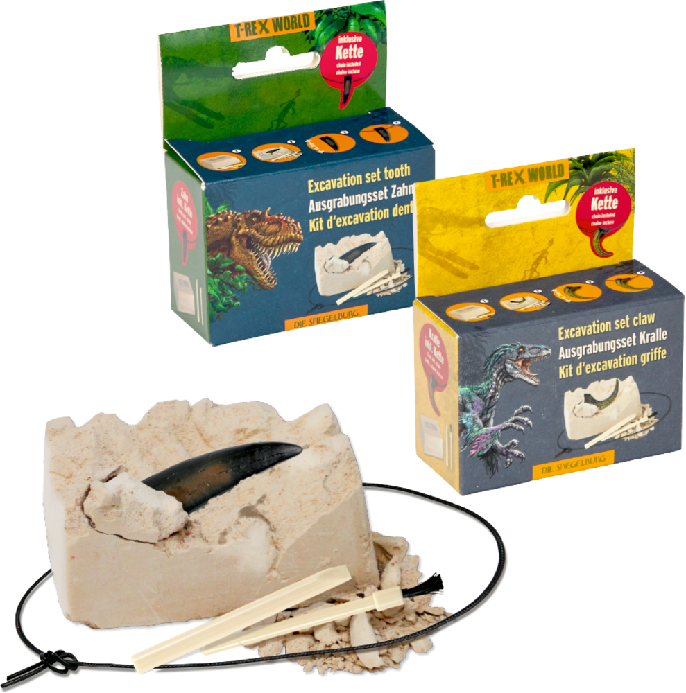 Zwei Dinosaurier-Ausgrabungssets mit Grabwerkzeug, Blöcken sowie je einem Zahn- und Klauenfossil mit Kettenband.