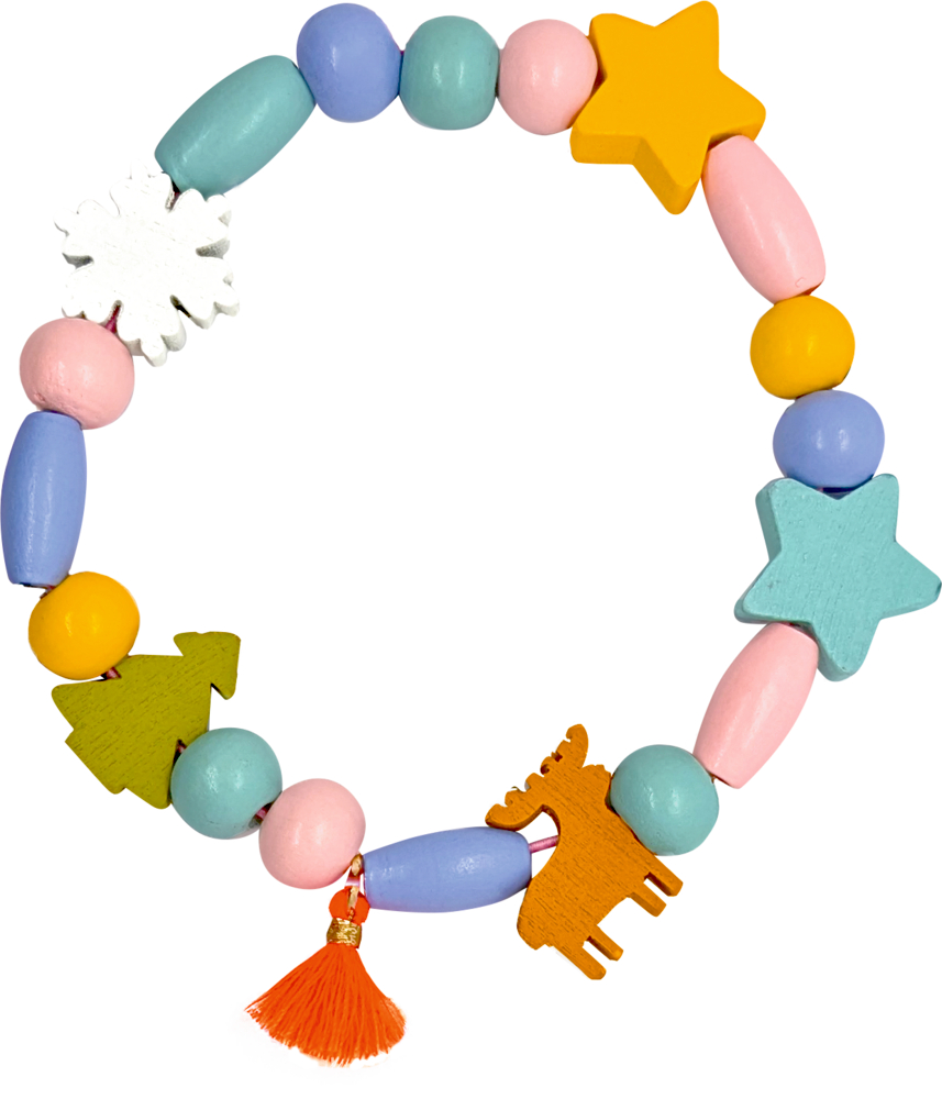 Perlenarmband mit Stern-, Baum-, Schneeflocken- und Rentieranhängern sowie einer orangefarbenen Quaste.