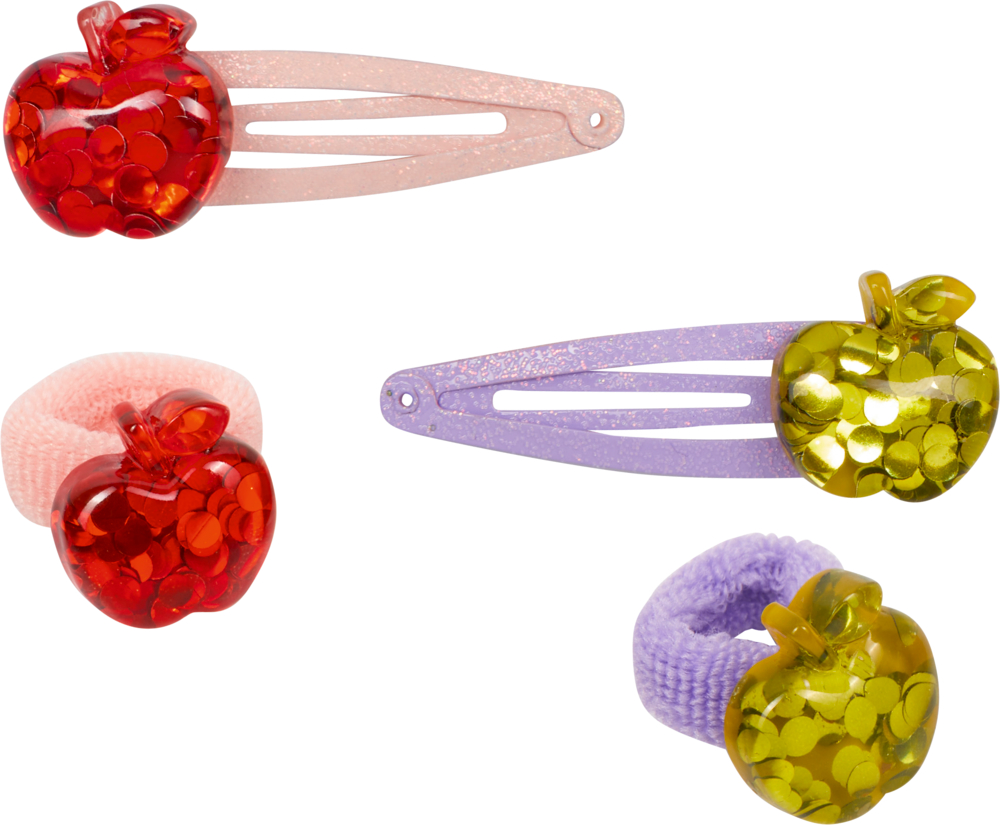 Zwei Haarspangen und zwei Haargummis mit Apfelmotiv: einmal in Rosa und Rot, einmal in in Lila und Grün.