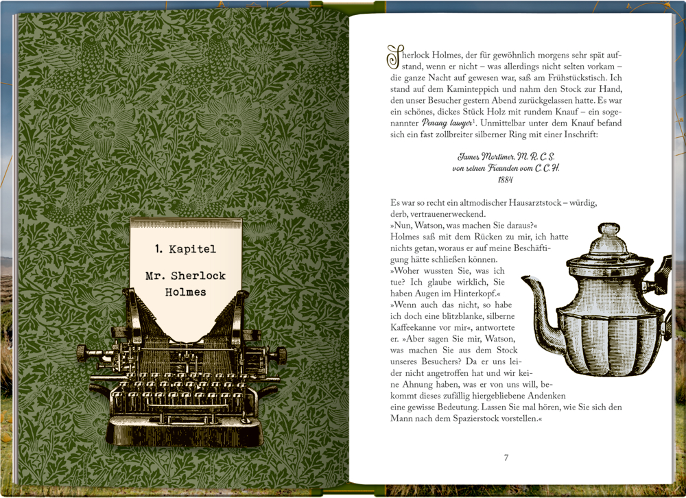 Deutsche Buchseite mit Illustrationen, Text, Vintage-Schreibmaschine und Teekanne auf grün gemustertem Hintergrund.