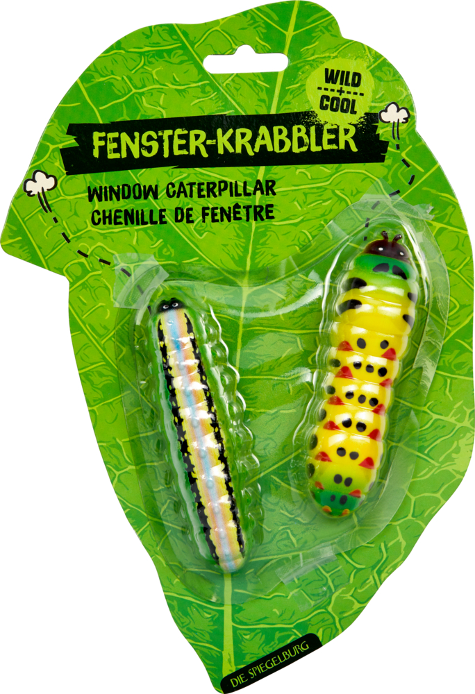 Zwei Spielzeugraupen in grüner Verpackung.