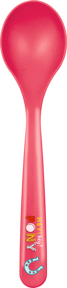 Löffel - Mein kleiner Ponyhof Ein leuchtend rosa Löffel mit der bunten Aufschrift „HAY PONY!“ und einem blauen Hufeisen am Griff.