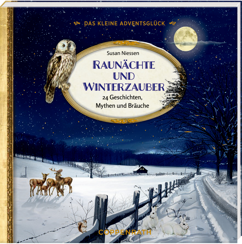 Buchcover mit verschneiter Landschaft bei Nacht, einer Eule und Rehen am Zaun.
