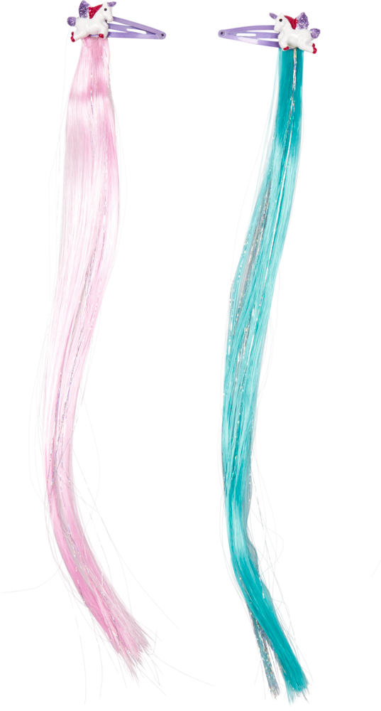 Haarclips mit Glitzersträhnen - Einhorn-Paradies Zwei Haarspangen mit Einhorn-Motiven: eine mit langem rosafarbenem, eine mit langem türkisfarbenem Haar.