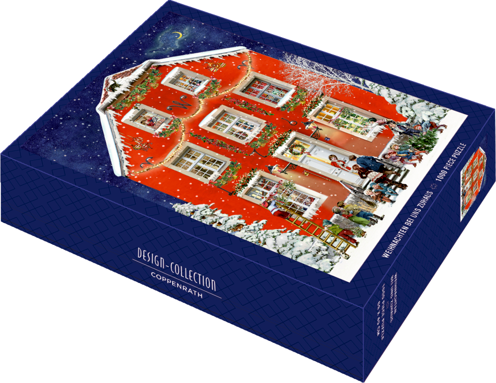 Festliche Puzzlebox mit einem schneebedeckten roten Haus, geschmückt mit Lichtern und feiernden Menschen draußen.